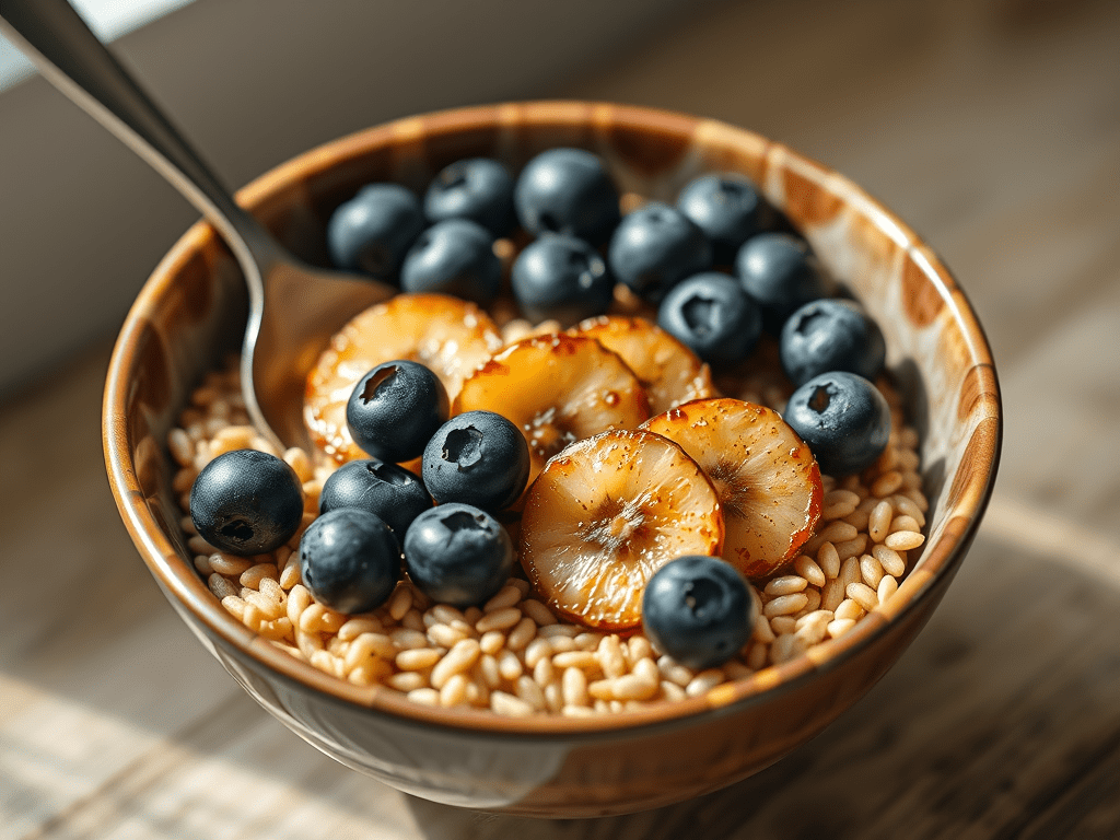 Einkorn Wheat Berry Breakfast Bowls with Blueberries and Bananas