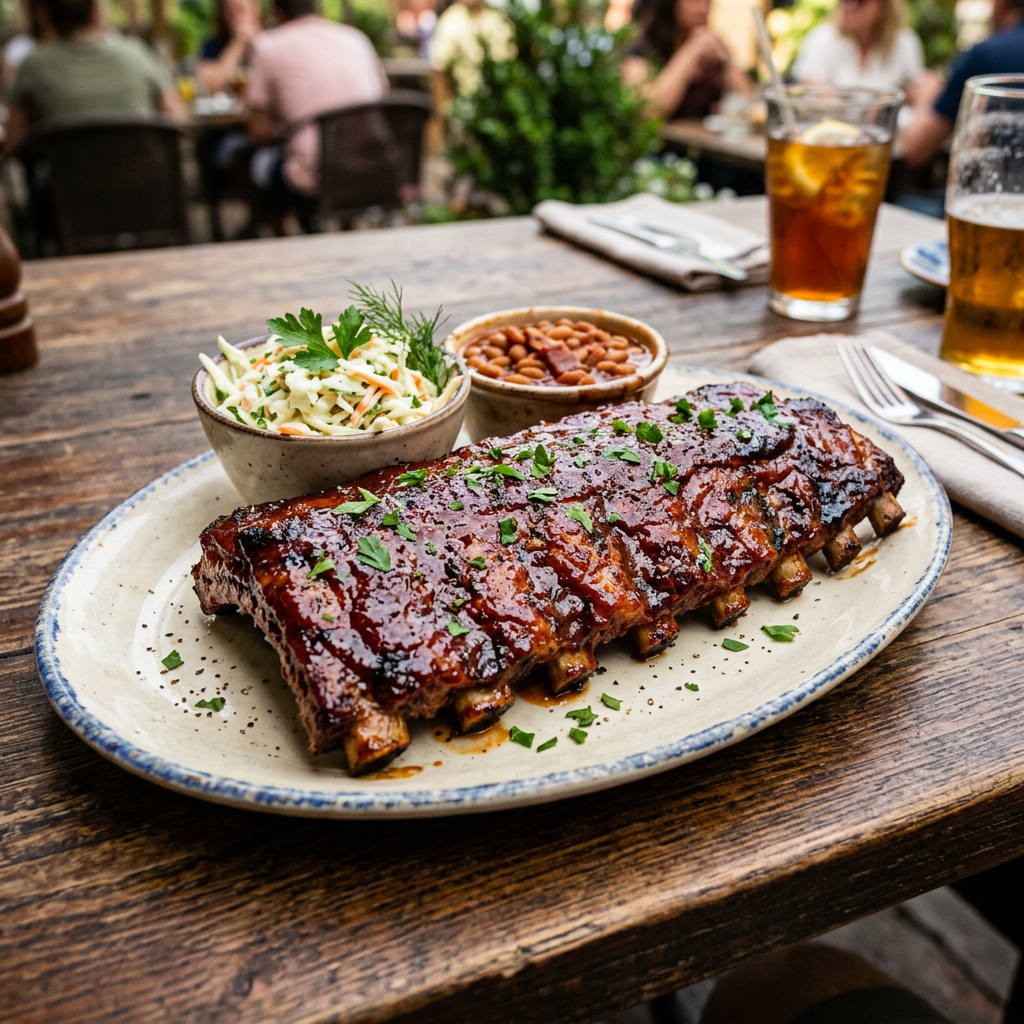 Glazed barbecue ribs with coleslaw and baked beans on a ceramic plate