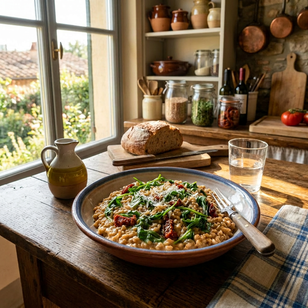 Bowl of risotto with arugula and cheese on wooden table near bread and glass of water in kitchen