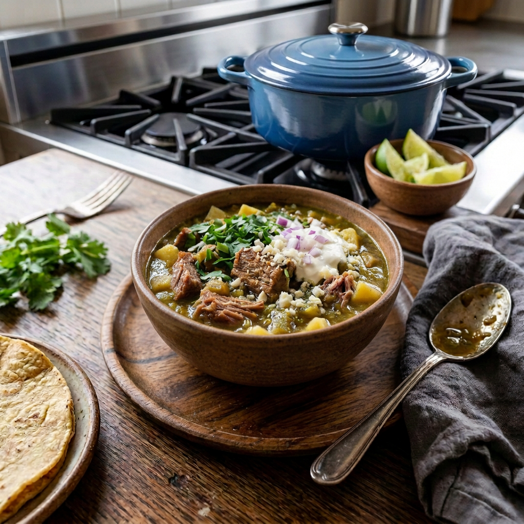 Bowl of green chili stew with chunks of meat, potatoes, cheese, cilantro, and sour cream